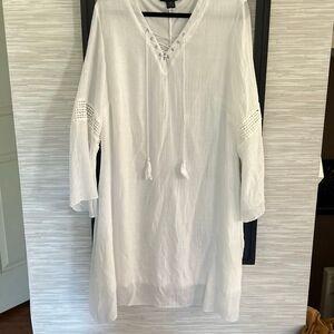 Ashley Stewart white gauze lined peasant dress/swimwear cover-up with front tass
